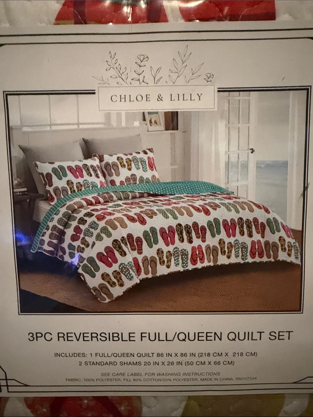 New Chloe & Lilly Flip-Flop Print Queen Reversible Quilt / coastal